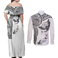 Hawaiian Manta Ray Tribal Couples Matching Off Shoulder Maxi Dress and Long Sleeve Button Shirt Polynesian Art Motifs White Color LT03 - Polynesian Pride