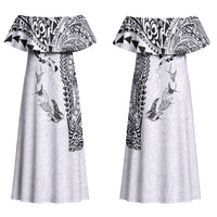 Hawaiian Manta Ray Tribal Couples Matching Off Shoulder Maxi Dress and Long Sleeve Button Shirt Polynesian Art Motifs White Color LT03 - Polynesian Pride