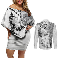 Hawaiian Manta Ray Tribal Couples Matching Off Shoulder Short Dress and Long Sleeve Button Shirt Polynesian Art Motifs White Color LT03 White - Polynesian Pride