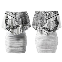 Hawaiian Manta Ray Tribal Couples Matching Off Shoulder Short Dress and Long Sleeve Button Shirt Polynesian Art Motifs White Color LT03 - Polynesian Pride