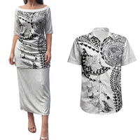 Hawaiian Manta Ray Tribal Couples Matching Puletasi and Hawaiian Shirt Polynesian Art Motifs White Color LT03 White - Polynesian Pride