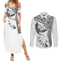 Hawaiian Manta Ray Tribal Couples Matching Summer Maxi Dress and Long Sleeve Button Shirt Polynesian Art Motifs White Color LT03 White - Polynesian Pride