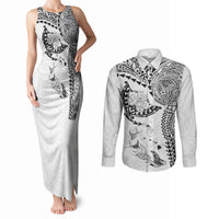 Hawaiian Manta Ray Tribal Couples Matching Tank Maxi Dress and Long Sleeve Button Shirt Polynesian Art Motifs White Color LT03 White - Polynesian Pride