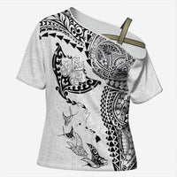 Hawaiian Manta Ray Tribal Cross Shoulder Shirt Polynesian Art Motifs White Color