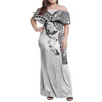 Hawaiian Manta Ray Tribal Family Matching Off Shoulder Maxi Dress and Hawaiian Shirt Polynesian Art Motifs White Color LT03 Mom's Dress White - Polynesian Pride