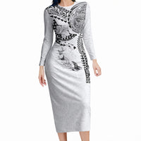 Hawaiian Manta Ray Tribal Long Sleeve Bodycon Dress Polynesian Art Motifs White Color LT03 Long Dress White - Polynesian Pride