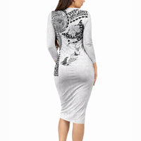Hawaiian Manta Ray Tribal Long Sleeve Bodycon Dress Polynesian Art Motifs White Color LT03 - Polynesian Pride