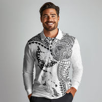 Hawaiian Manta Ray Tribal Long Sleeve Polo Shirt Polynesian Art Motifs White Color