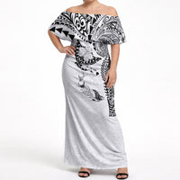 Hawaiian Manta Ray Tribal Off Shoulder Maxi Dress Polynesian Art Motifs White Color LT03 Women White - Polynesian Pride