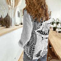 Hawaiian Manta Ray Tribal Women Casual Shirt Polynesian Art Motifs White Color