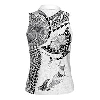 Hawaiian Manta Ray Tribal Women Sleeveless Polo Shirt Polynesian Art Motifs White Color LT03 - Polynesian Pride