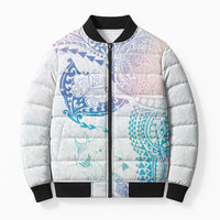 Hawaiian Manta Ray Tribal Bomber Puffer Jacket Polynesian Art Motifs Sweet Pastel