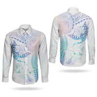 Hawaiian Manta Ray Tribal Couples Matching Off Shoulder Short Dress and Long Sleeve Button Shirt Polynesian Art Motifs Sweet Pastel LT03 - Polynesian Pride