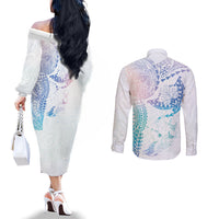 Hawaiian Manta Ray Tribal Couples Matching Off The Shoulder Long Sleeve Dress and Long Sleeve Button Shirt Polynesian Art Motifs Sweet Pastel LT03 - Polynesian Pride