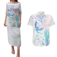 Hawaiian Manta Ray Tribal Couples Matching Puletasi and Hawaiian Shirt Polynesian Art Motifs Sweet Pastel LT03 Multicolor - Polynesian Pride