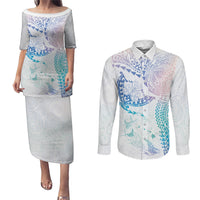 Hawaiian Manta Ray Tribal Couples Matching Puletasi and Long Sleeve Button Shirt Polynesian Art Motifs Sweet Pastel LT03 Multicolor - Polynesian Pride