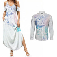 Hawaiian Manta Ray Tribal Couples Matching Summer Maxi Dress and Long Sleeve Button Shirt Polynesian Art Motifs Sweet Pastel LT03 Multicolor - Polynesian Pride