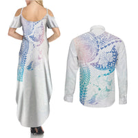 Hawaiian Manta Ray Tribal Couples Matching Summer Maxi Dress and Long Sleeve Button Shirt Polynesian Art Motifs Sweet Pastel LT03 - Polynesian Pride