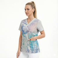 Hawaiian Manta Ray Tribal Scrub Top Polynesian Art Motifs Sweet Pastel