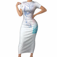 Hawaiian Manta Ray Tribal Short Sleeve Bodycon Dress Polynesian Art Motifs Sweet Pastel LT03 Long Dress Multicolor - Polynesian Pride