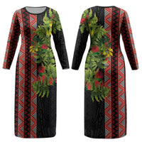Maori Tukutuku Couples Matching Long Sleeve Bodycon Dress and Hawaiian Shirt with Ferns Pohutukawa and Kowhai Tribal Moko Patterns