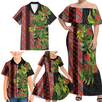 Maori Tukutuku Family Matching Off Shoulder Maxi Dress and Hawaiian Shirt with Ferns Pohutukawa and Kowhai Tribal Moko Patterns