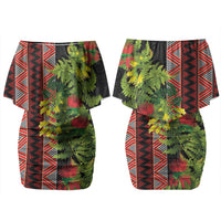 Maori Tukutuku Family Matching Off Shoulder Short Dress and Hawaiian Shirt with Ferns Pohutukawa and Kowhai Tribal Moko Patterns