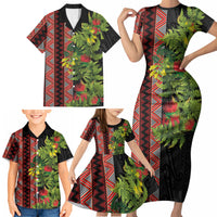 Maori Tukutuku Family Matching Short Sleeve Bodycon Dress and Hawaiian Shirt with Ferns Pohutukawa and Kowhai Tribal Moko Patterns