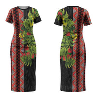 Maori Tukutuku Family Matching Short Sleeve Bodycon Dress and Hawaiian Shirt with Ferns Pohutukawa and Kowhai Tribal Moko Patterns