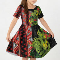 Maori Tukutuku Kid Short Sleeve Dress with Ferns Pohutukawa and Kowhai Tribal Moko Patterns LT03 KID Multicolor - Polynesian Pride
