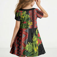 Maori Tukutuku Kid Short Sleeve Dress with Ferns Pohutukawa and Kowhai Tribal Moko Patterns LT03 - Polynesian Pride