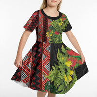 Maori Tukutuku Kid Short Sleeve Dress with Ferns Pohutukawa and Kowhai Tribal Moko Patterns LT03 - Polynesian Pride