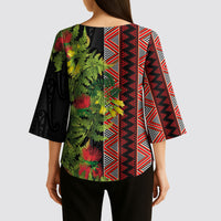 Maori Tukutuku Kimono Sleeve Blouse with Ferns Pohutukawa and Kowhai Tribal Moko Patterns