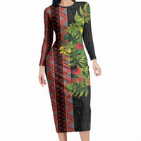 Maori Tukutuku Long Sleeve Bodycon Dress with Ferns Pohutukawa and Kowhai Tribal Moko Patterns LT03 Long Dress Multicolor - Polynesian Pride