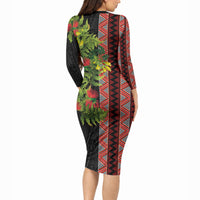 Maori Tukutuku Long Sleeve Bodycon Dress with Ferns Pohutukawa and Kowhai Tribal Moko Patterns LT03 - Polynesian Pride