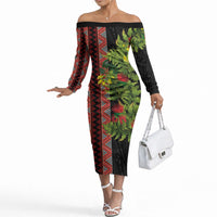 Maori Tukutuku Off The Shoulder Long Sleeve Dress with Ferns Pohutukawa and Kowhai Tribal Moko Patterns LT03 Women Multicolor - Polynesian Pride
