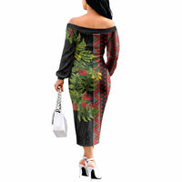 Maori Tukutuku Off The Shoulder Long Sleeve Dress with Ferns Pohutukawa and Kowhai Tribal Moko Patterns LT03 - Polynesian Pride