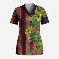 Maori Tukutuku Scrub Top with Ferns Pohutukawa and Kowhai Tribal Moko Patterns
