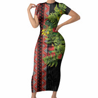 Maori Tukutuku Short Sleeve Bodycon Dress with Ferns Pohutukawa and Kowhai Tribal Moko Patterns LT03 Long Dress Multicolor - Polynesian Pride