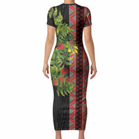 Maori Tukutuku Short Sleeve Bodycon Dress with Ferns Pohutukawa and Kowhai Tribal Moko Patterns