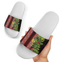 Maori Tukutuku Slide Sandals with Ferns Pohutukawa and Kowhai Tribal Moko Patterns