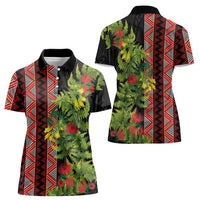 Maori Tukutuku Women Polo Shirt with Ferns Pohutukawa and Kowhai Tribal Moko Patterns