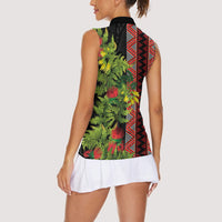 Maori Tukutuku Women Sleeveless Polo Shirt with Ferns Pohutukawa and Kowhai Tribal Moko Patterns