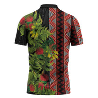 Maori Tukutuku Zipper Polo Shirt with Ferns Pohutukawa and Kowhai Tribal Moko Patterns LT03 - Polynesian Pride