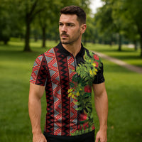 Maori Tukutuku Zipper Polo Shirt with Ferns Pohutukawa and Kowhai Tribal Moko Patterns LT03 - Polynesian Pride
