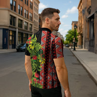 Maori Tukutuku Zipper Polo Shirt with Ferns Pohutukawa and Kowhai Tribal Moko Patterns LT03 - Polynesian Pride