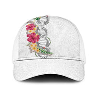 Hawaii DNA Kakau Tattoo Baseball Net Cap with Plumeria and Hibiscus Tropical Plants White Color