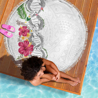 Hawaii DNA Kakau Tattoo Beach Blanket with Plumeria and Hibiscus Tropical Plants White Color