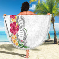 Hawaii DNA Kakau Tattoo Beach Blanket with Plumeria and Hibiscus Tropical Plants White Color
