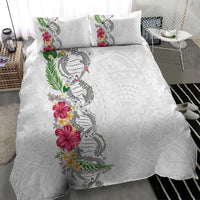 Hawaii DNA Kakau Tattoo Bedding Set with Plumeria and Hibiscus Tropical Plants White Color